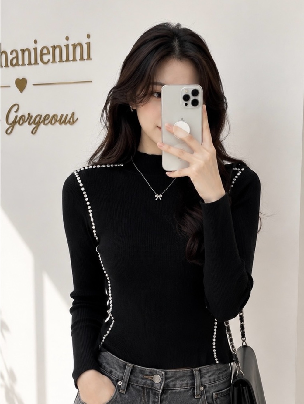 Women’s Black Rhinestone Trim Shimmer Knit Long Sleeve Top – Mock Neck